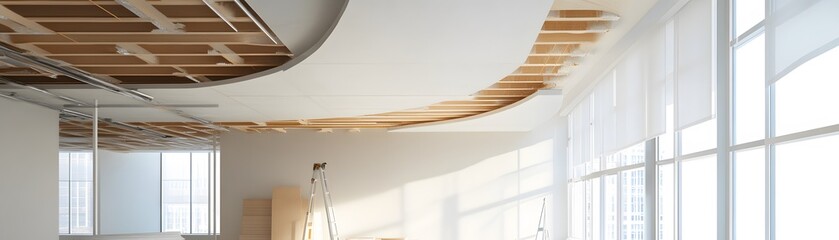 Obraz premium Curved Ceiling in an Unfinished Room with Windows and a Ladder