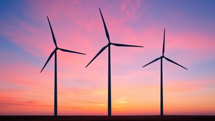 Obraz premium Wind turbine field at sunset, with vibrant sky colors reflecting on the blades, symbolizing the power of green energy