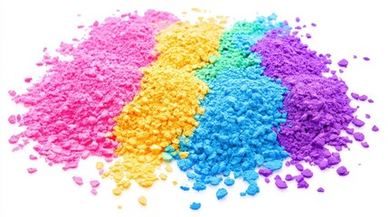 Top view of scattered Holi powder in vibrant colors, isolated on white background
