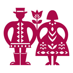 Couple design - man and woman Polish folk art style. Kurpiowskie Leluje Wycinanki - Kurpie paper cut outs pattern for Valentine's Day greeting card or wedding inviation. Non AI-generated
