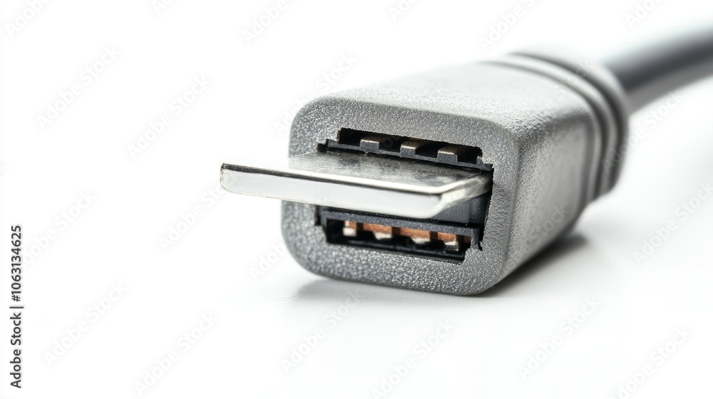 Poster usb plug close-up, isolated on white background with focus on connector