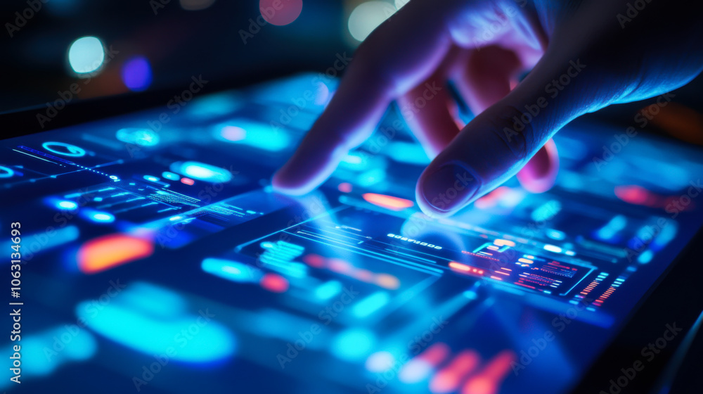 Poster a person interacts with a high-tech digital interface displaying vibrant analytics data in a dark en