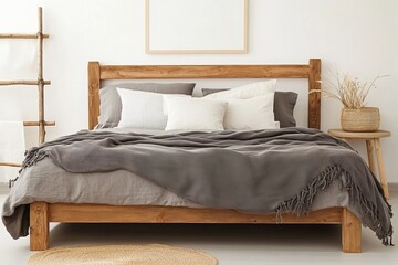 Photo of bedroom interior, bed with bedspread and white posters on the wall, photo mockup