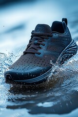 Stylish black sneaker splashing in water.