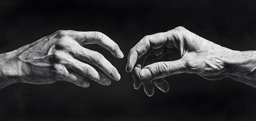 Fototapeta premium A captivating monochrome image of two hands reaching towards each other, symbolizing connection and human interaction.