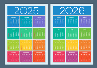 Colorful calendar for 2025 and 2026 years. Week starts on Sunday. Isolated vector illustration.