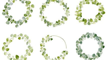 Fototapeta premium Collection of watercolor green eucalyptus wreaths and frames on white background with white borders, ideal for easy sticker-making. This set features delicate foliage in a natural style