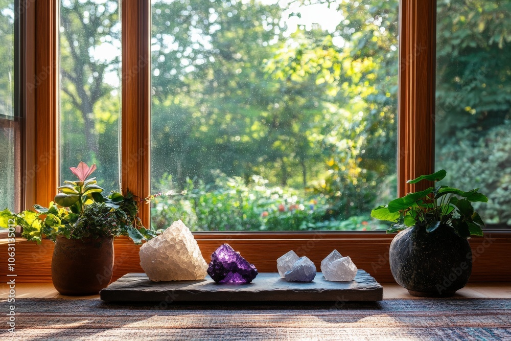 Poster an array of crystals showcased on a stone plate with greenery, illuminated by natural light from lar