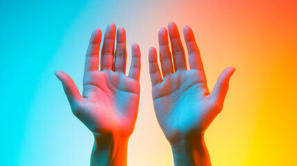 Hands raised against a gradient background with a blend of warm and cool colors to evoke a sense of expression and emotion