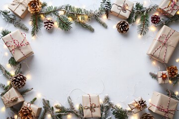 Christmas Gifts with Pine Branches and Lights