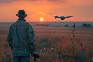 A man in the field controls a drone with his remote control at sunset, in the style of real photo.