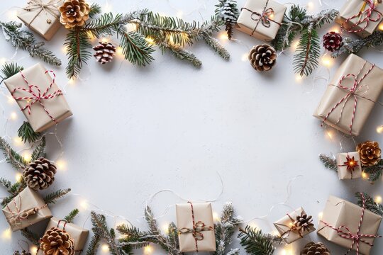 Christmas Gifts with Pine Branches and Lights