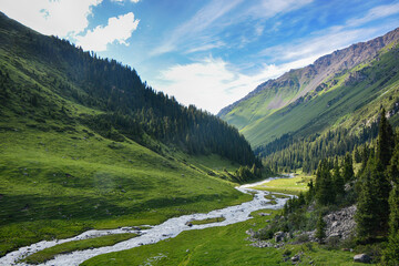 Idyllic summer landscape with hiking trail in the mountains with beautiful fresh green mountain pastures, river with reflection and forest.