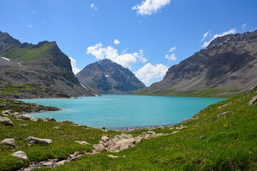 Wonderful mountain landscape, lake, highland, peak, beauty world. Picturesque view near Alakul lake