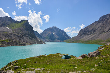 Wonderful mountain landscape, lake, highland, peak, beauty world. Picturesque view near Alakul lake