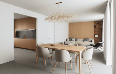 The modern minimalist dining room has elegant lighting and a chic atmosphere for any occasion