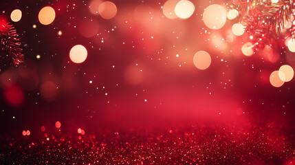 Christmas background with vibrant red color and bokeh lights. Red background with copy space for text, messages for holiday cards and seasonal designs. Festive spirit of Christmas