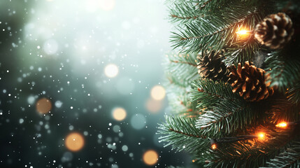 Christmas background card with copy space for tex and messages. Christmas background with bokeh lights, Christmas tree branches, with place for festive message, for holiday cards and Christmas decor