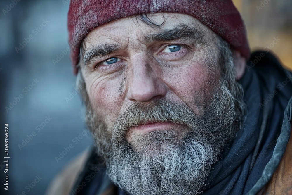 Poster a rugged bearded man is seen up close, wearing a red beanie and sporting a serious expression, captu