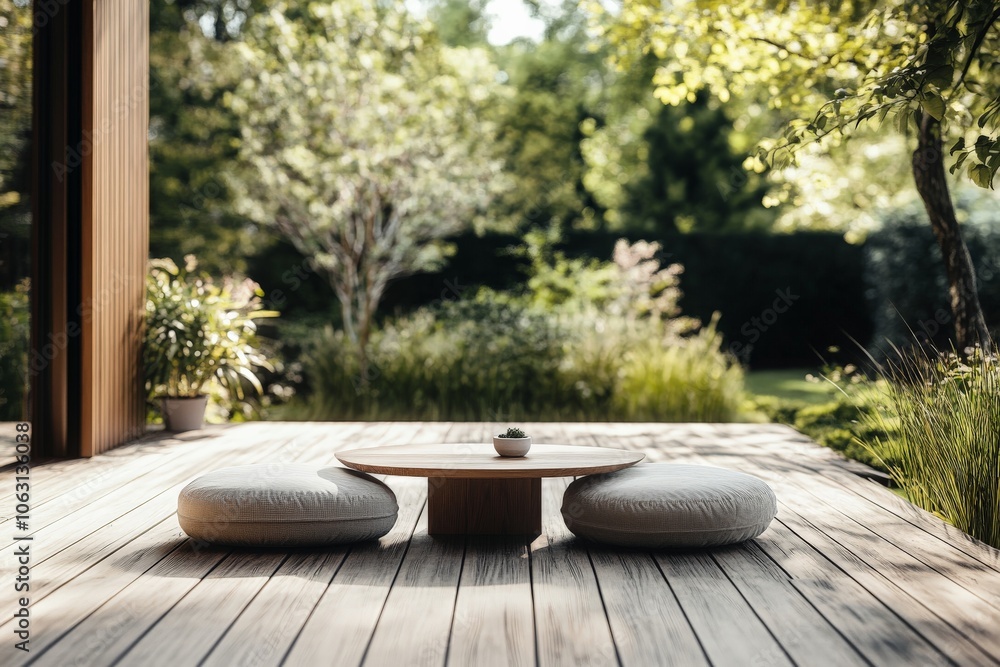 Poster a serene outdoor setting features two soft round cushions and a small wooden coffee table on a patio