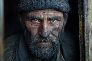 Obraz premium A weathered worker stares piercingly from within a dark setting, symbolizing the struggle and determination of those who work tirelessly under harsh conditions.