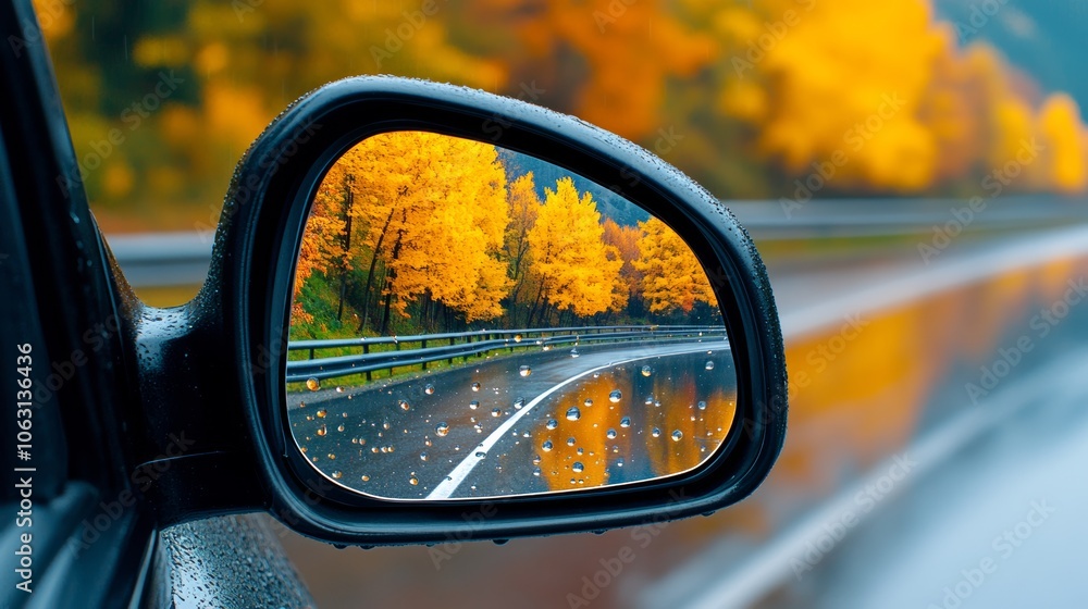 Aufkleber car's rear view mirror shows a road with trees and a wet road. the reflection of the trees in the mi