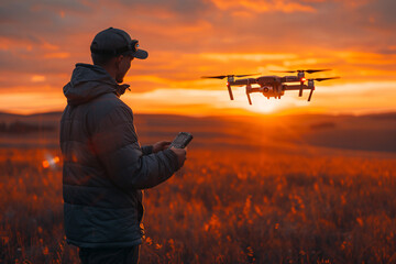 A man in the field controls a drone with his remote control at sunset, in the style of real photo.