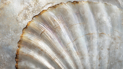 Close-up of a pearlescent seashell with fine texture against a soft marble background. Minimal background for design. Stylish copy space