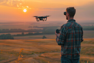 A man in a field is flying a drone with a remote control at sunset. The man is using modern technology to take aerial photos of farmland or landscape in the style of real photos.