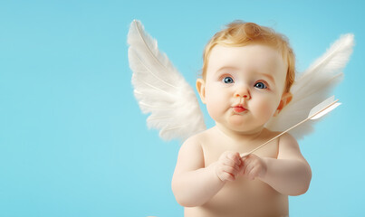 Cute baby with angel wings holds a small arrow against a light blue background