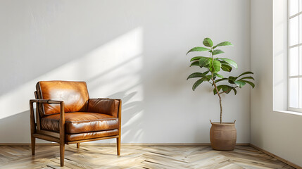 Living room interior wall mockup in warm tones with leather armchair on white wall background