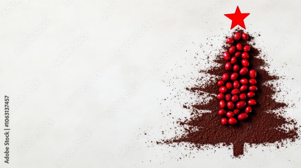 Poster christmas tree made of red berries is the focal point of the image. the tree is surrounded by a whit