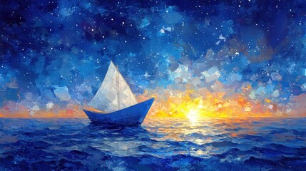 Obraz premium A serene sailboat gliding across the tranquil ocean under a starlit sky at dusk, as the sun begins to set on the horizon