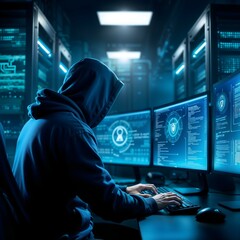  hacker with hoodie working on a computer at a desk, a person working on a computer with multiple screens displaying various data visualizations and complex coding software