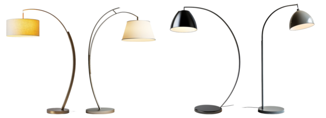 Modern floor lamps in various designs and colors, showcasing sleek curves and stylish aesthetics to enhance home decor