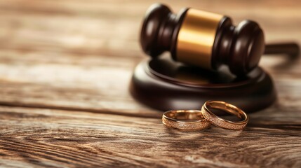 A gavel and a pair of wedding rings on a wooden surface.