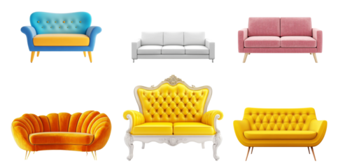 Colorful collection of stylish sofas featuring various designs and colors set against a transparent background for interior decor inspiration