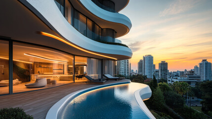 Fototapeta premium Stylish modern architecture with a panoramic view during sunset in a luxury residential area