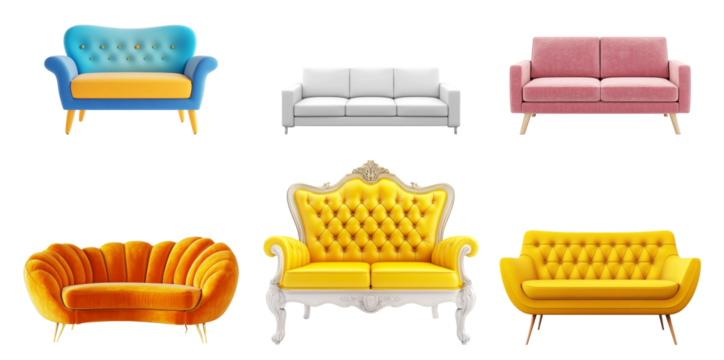 Colorful collection of stylish sofas featuring various designs and colors set against a transparent background for interior decor inspiration