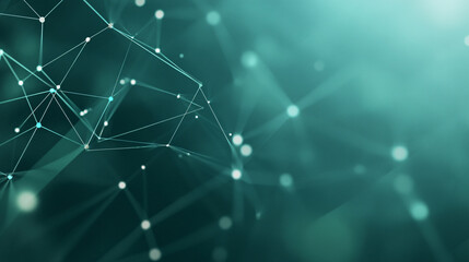 Obraz premium A dynamic digital background featuring layered, translucent geometric shapes in shades of blue and green. The design creates a sense of depth, as small glowing dots and lines move across the scene,