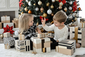 Children joyfully unwrap gifts around a beautifully decorated Christmas tree in a cozy living room...