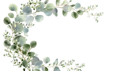 Obraz premium Minimalist watercolor eucalyptus wreath frame on a white background with soft, muted colors. This charming and simple design adds a natural and gentle touch to various projects, offering a cute style 