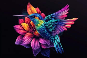 Close-up of a colourful hummingbird on purple flower and isolated on a black background