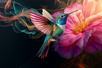 Colorful hummingbird on pink flower isolated on black background