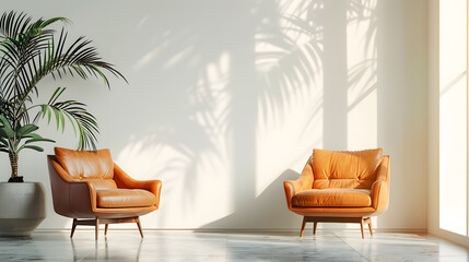 Living room interior wall mockup in warm tones with leather armchair on white wall background