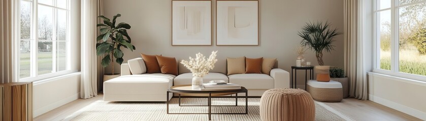 Clean and open living room with neutral colors and modern furniture, 3D illustration