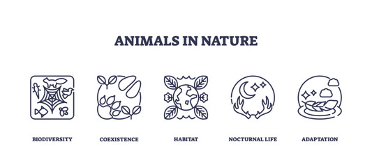 Animals in nature icons outline showing biodiversity, habitat, and adaptation. Outline icons set.