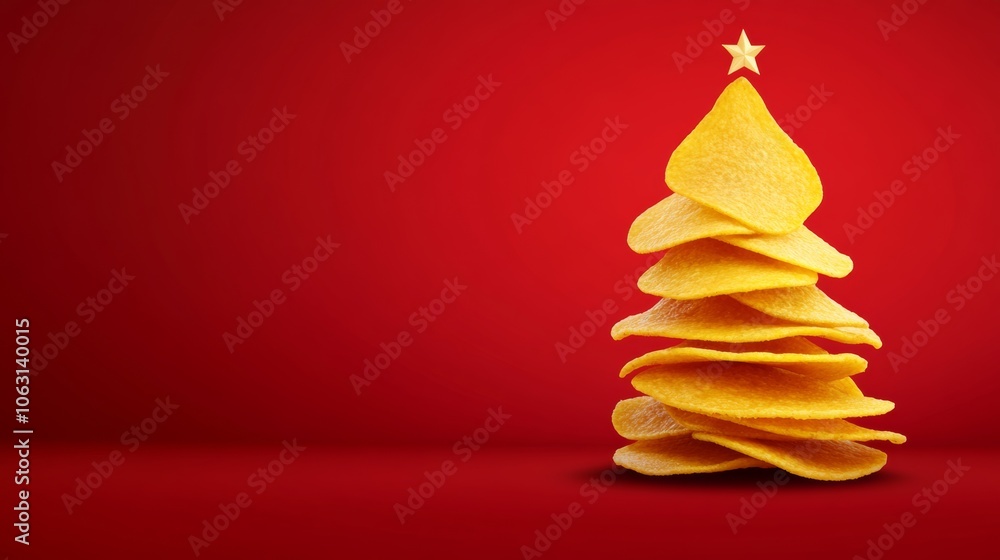 Aufkleber christmas tree made out of potato chips. the tree is stacked on top of each other and has a star on 