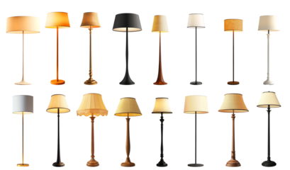 Various floor lamps on a transparency background showcasing diverse designs and colors suitable for home lighting enhancement