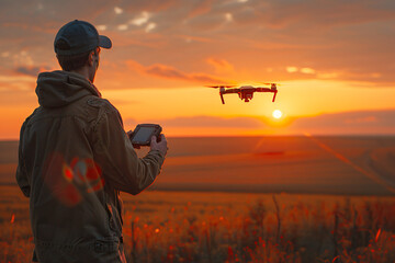 A man in the field controls a drone with his remote control at sunset, in the style of real photo.


